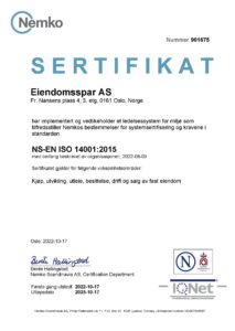 Miljøsertifikat Eiendomsspar ISO 14001